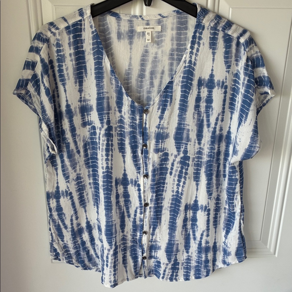 Maurices White and Blue Tie-Dye Button Front V-Neck Blouse